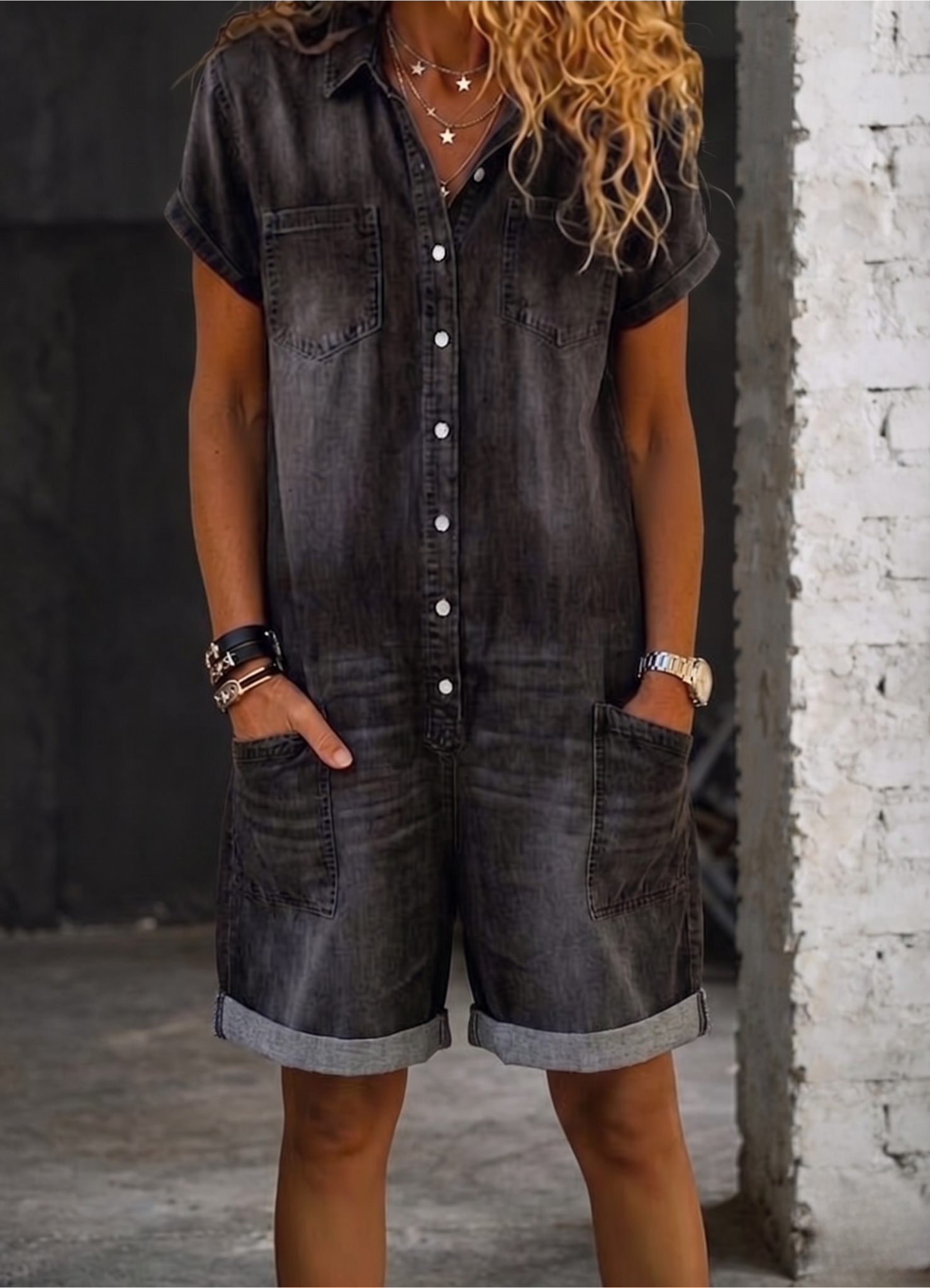 Nora | Casual Denim Jumpsuit Shorts-4