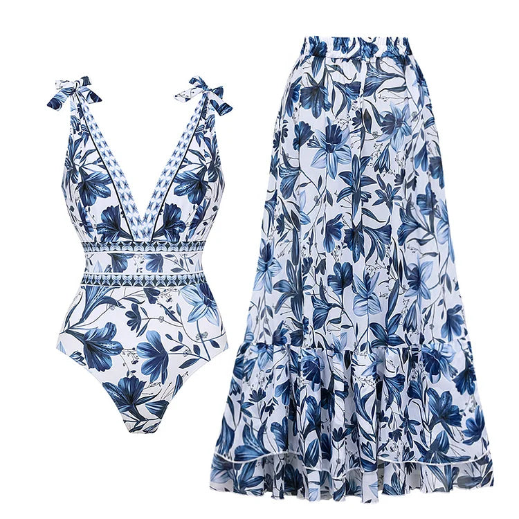 V Neck Lace Up Strip Plant Prints One Piece Swimsuit and Skirt/Sarong-2