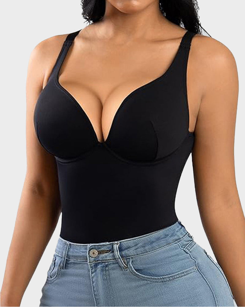 V Neck Tummy Control Thong Bodysuit Shapewear-3