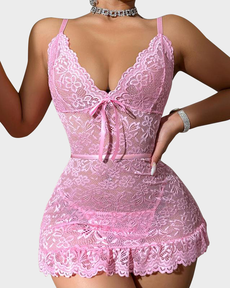 Women Lingerie Lace Chemise Sexy Nightgown Ruffle Hem Sleep Dress with Thong-4