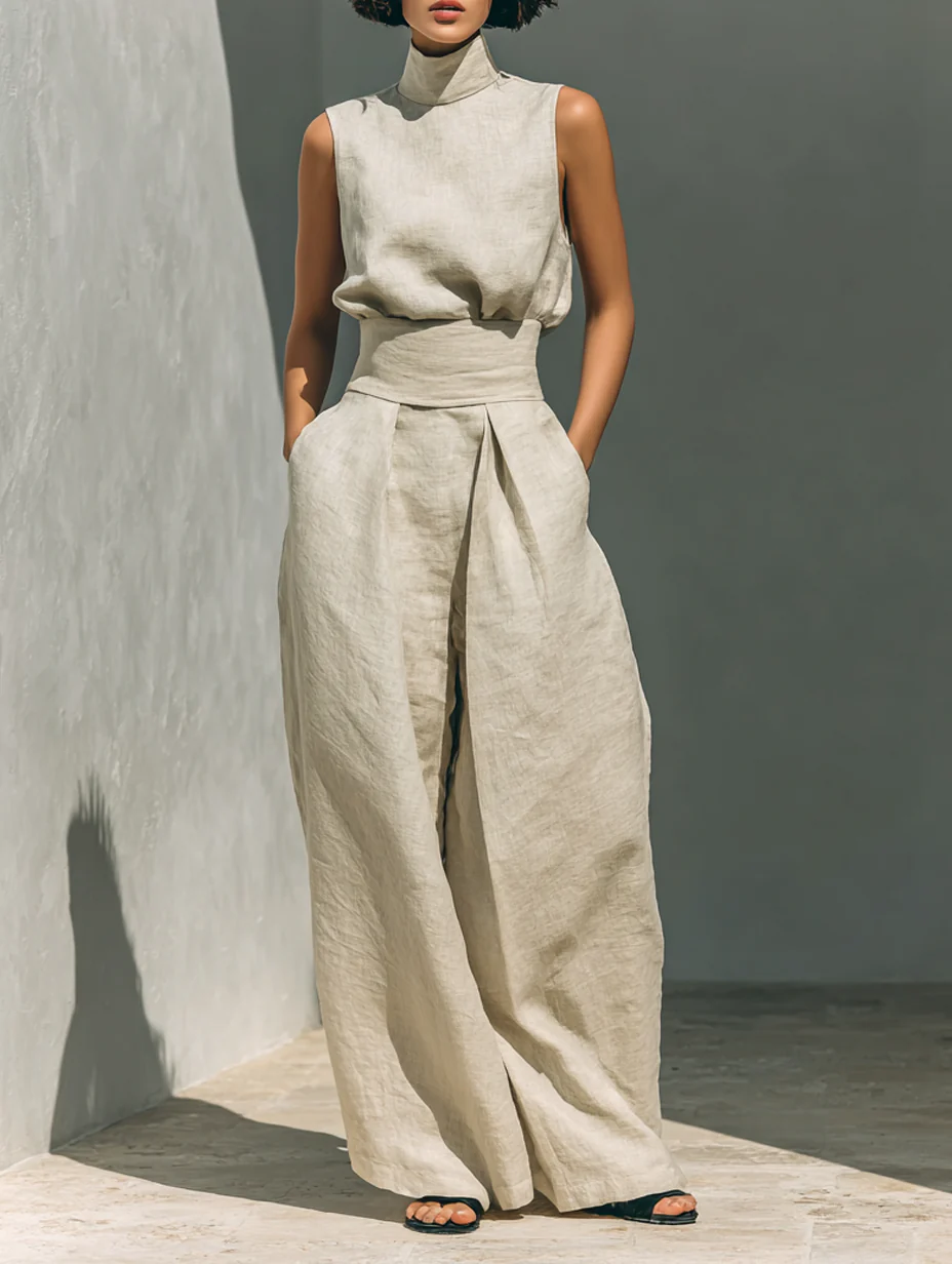 Aurora | Relaxed Beige Sleeveless Wide-Leg Co-Ord Set-1