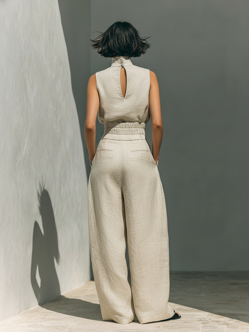 Aurora | Relaxed Beige Sleeveless Wide-Leg Co-Ord Set-2