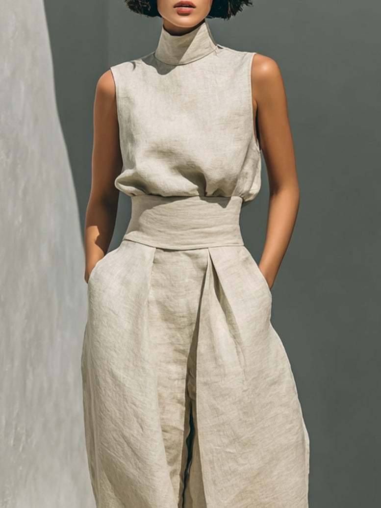 Aurora | Relaxed Beige Sleeveless Wide-Leg Co-Ord Set-3