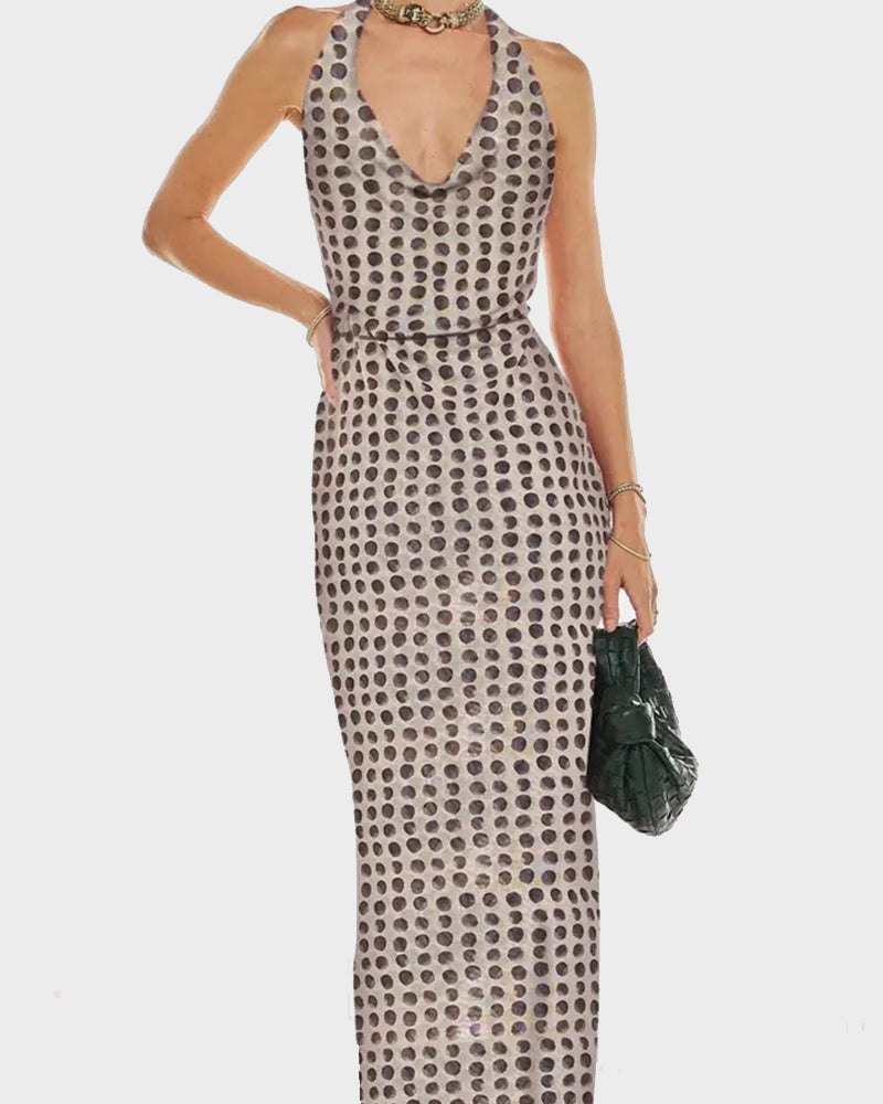 Women Long Dress, Sleeveless Halter Dress Backless Flower/Dots Print Summer Cocktail Dress-20