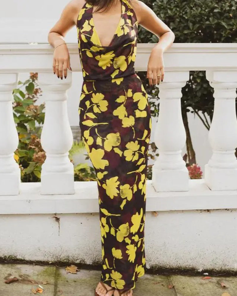 Women Long Dress, Sleeveless Halter Dress Backless Flower/Dots Print Summer Cocktail Dress-19