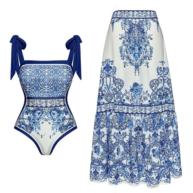 Blue And White Porcelain One Piece Swimsuit Set-1