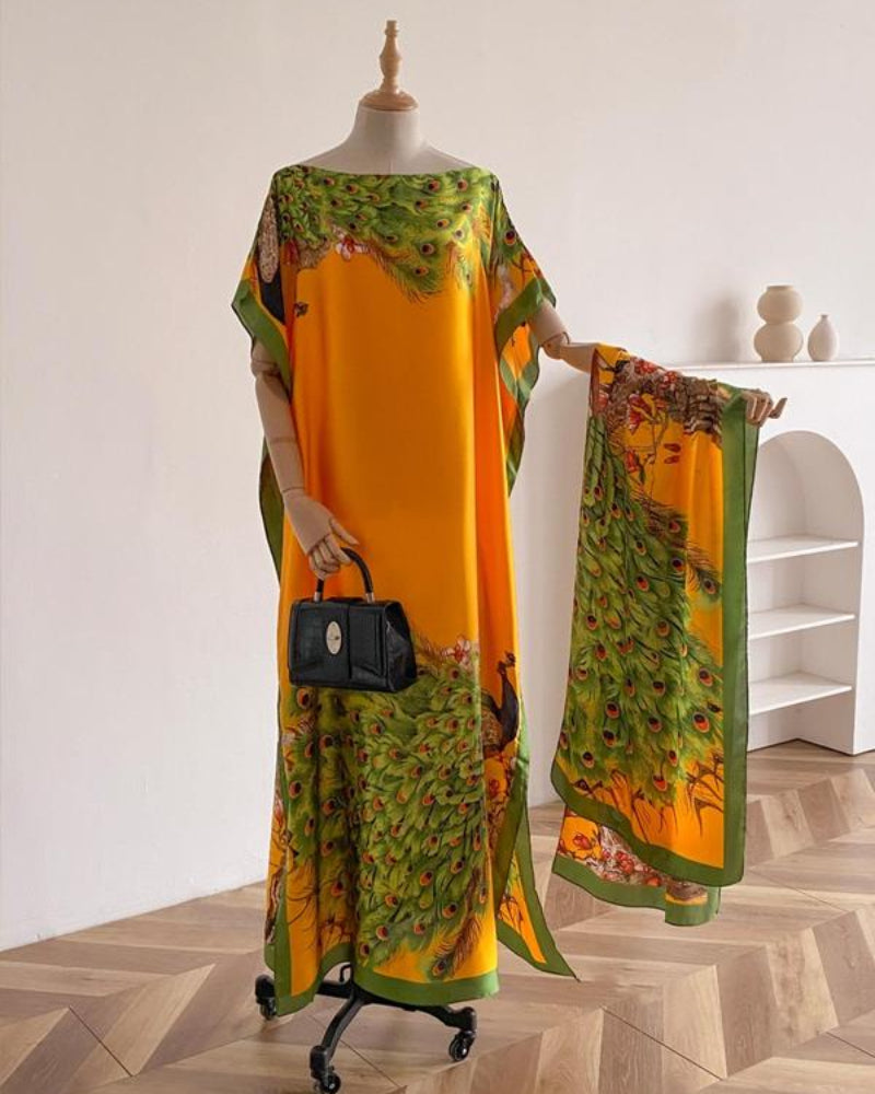 Women's Peacock Print Cape Shawl & Scarf Set – Elegant Beach Swim Cover-Up-1