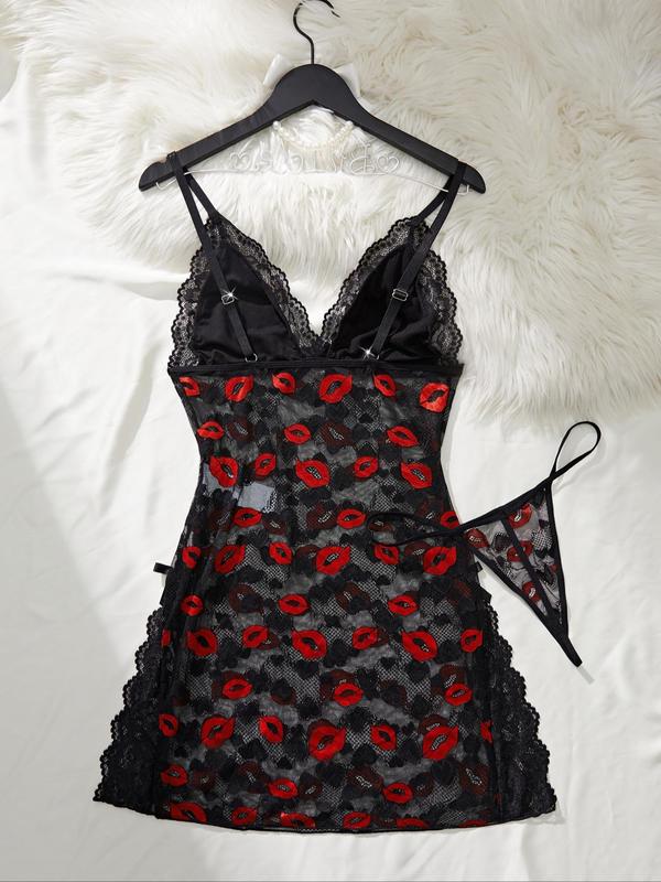 Women's Lip Print Lace Trim Cami Nightdress & Thong Sexy Lingerie Set-6