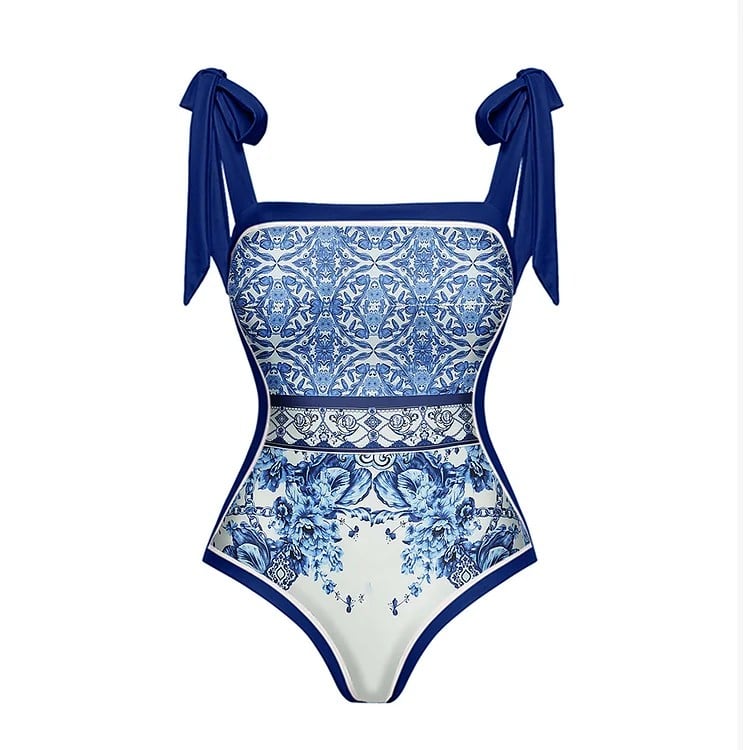 Blue And White Porcelain One Piece Swimsuit Set-6