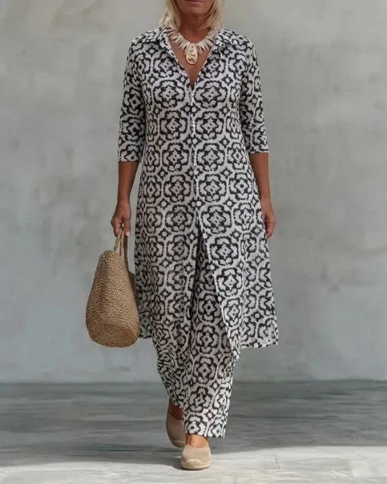 Sara | Bohemian Geometric Print Tunic and Wide-Leg Pants Set-1