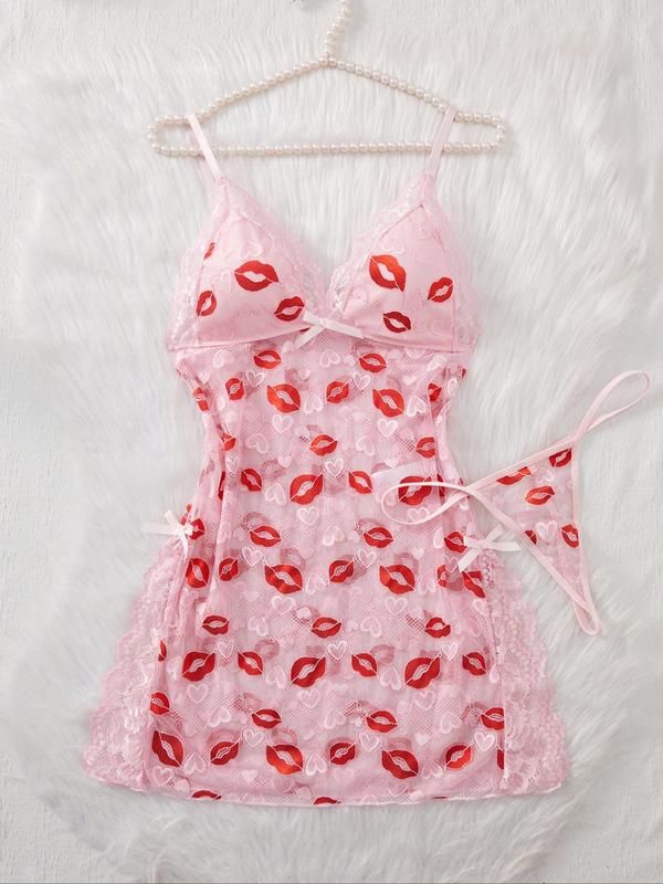 Women's Lip Print Lace Trim Cami Nightdress & Thong Sexy Lingerie Set-4