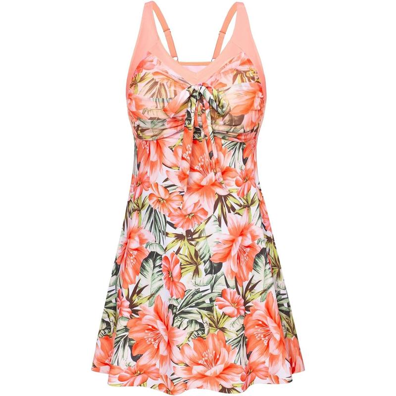 Women's Two Piece Swim Dress Plus Size Tummy Control Tankinis Swimdress Floral Printed Swimwear Swimsuits with Boyshort-22