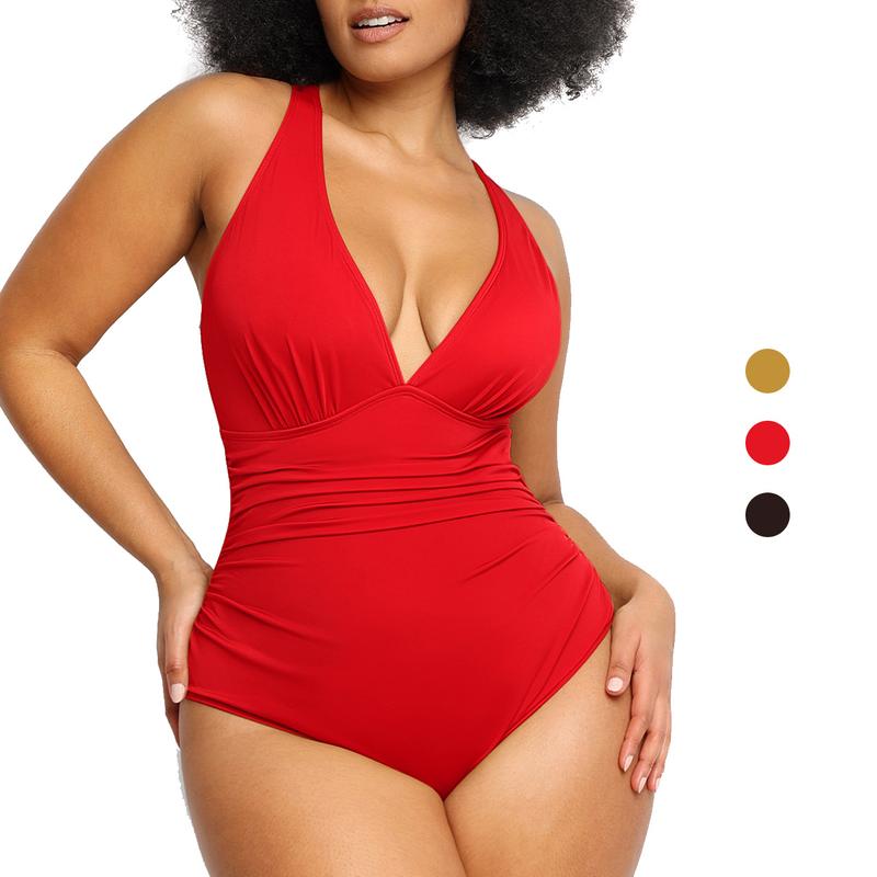 One-Piece with Criss Cross Back & Off-Shoulder Neckline Bodycon Swim Bodysuit-3