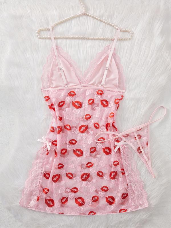 Women's Lip Print Lace Trim Cami Nightdress & Thong Sexy Lingerie Set-3