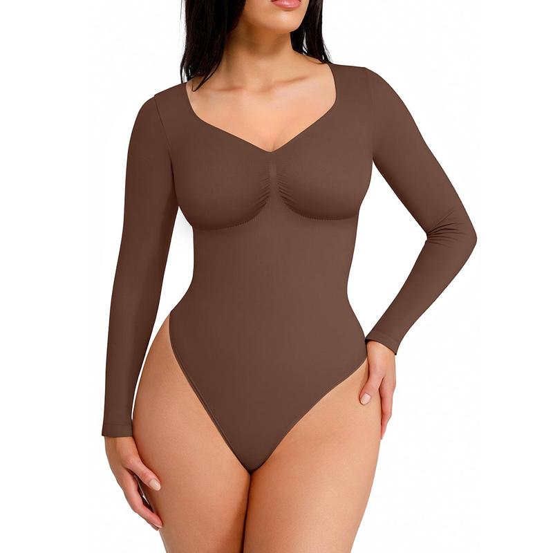 Seamless V-Neck Long Sleeve Shaping Bodysuit-7