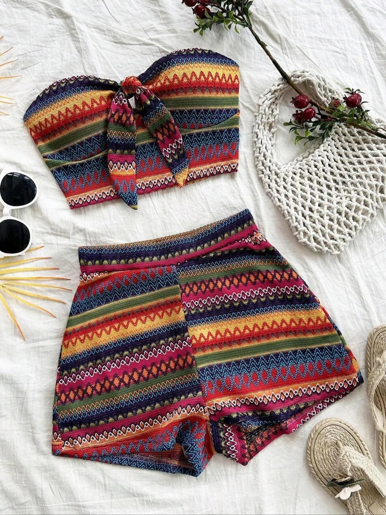 Women's Striped Crop Tube Top & High-Waist Shorts Set – Casual Boho Two-Piece Summer Outfit-2