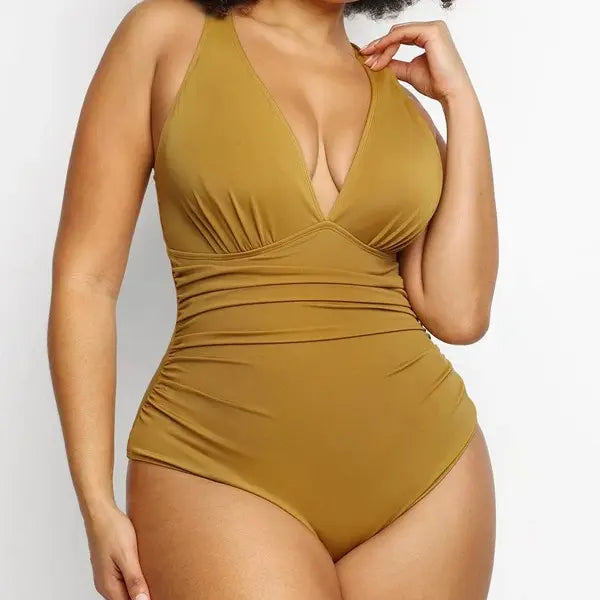 One-Piece with Criss Cross Back & Off-Shoulder Neckline Bodycon Swim Bodysuit-1