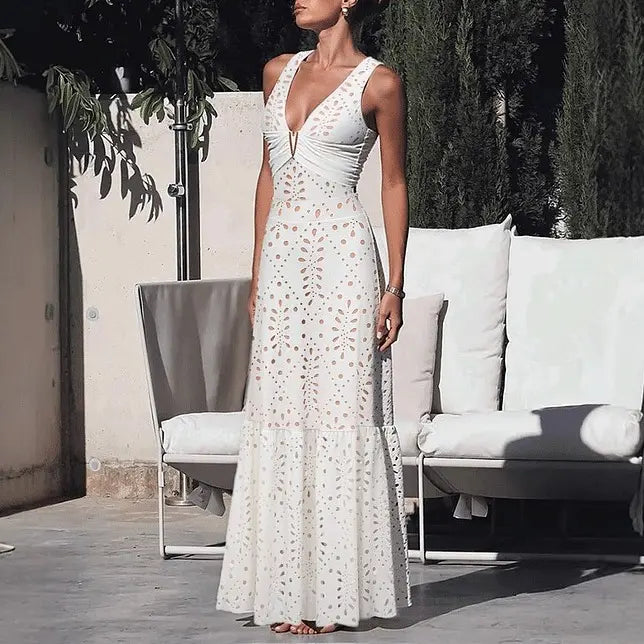 Women's V Neck White Laser Cut One Piece Swimsuit-6