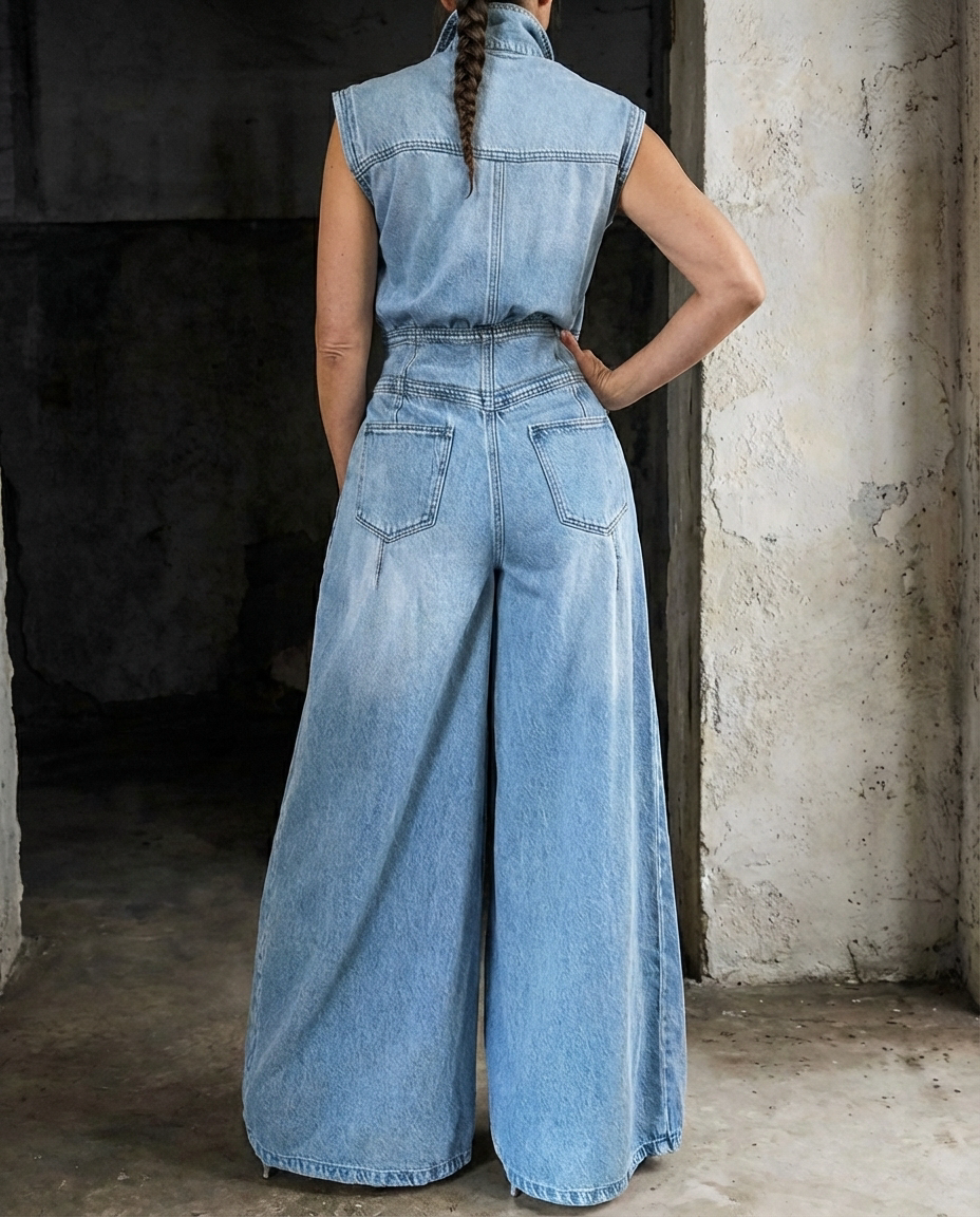 Stella | Cinched Waist Wide Leg Denim Jumpsuit-2