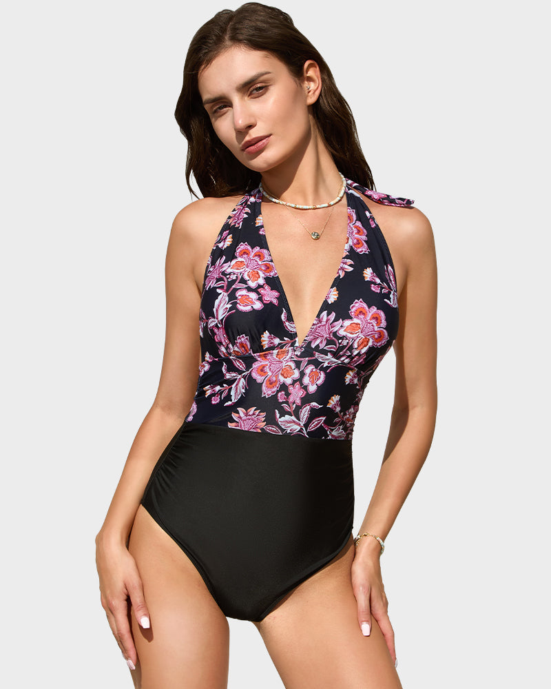 Deep V Halter Neck Backless One-Piece Swimsuit-4