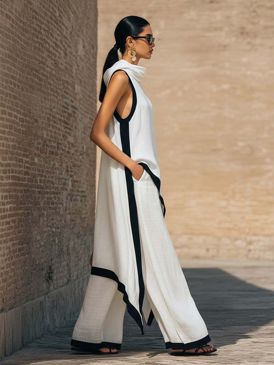 Elegant two-piece linen cotton set with artistic cut-3