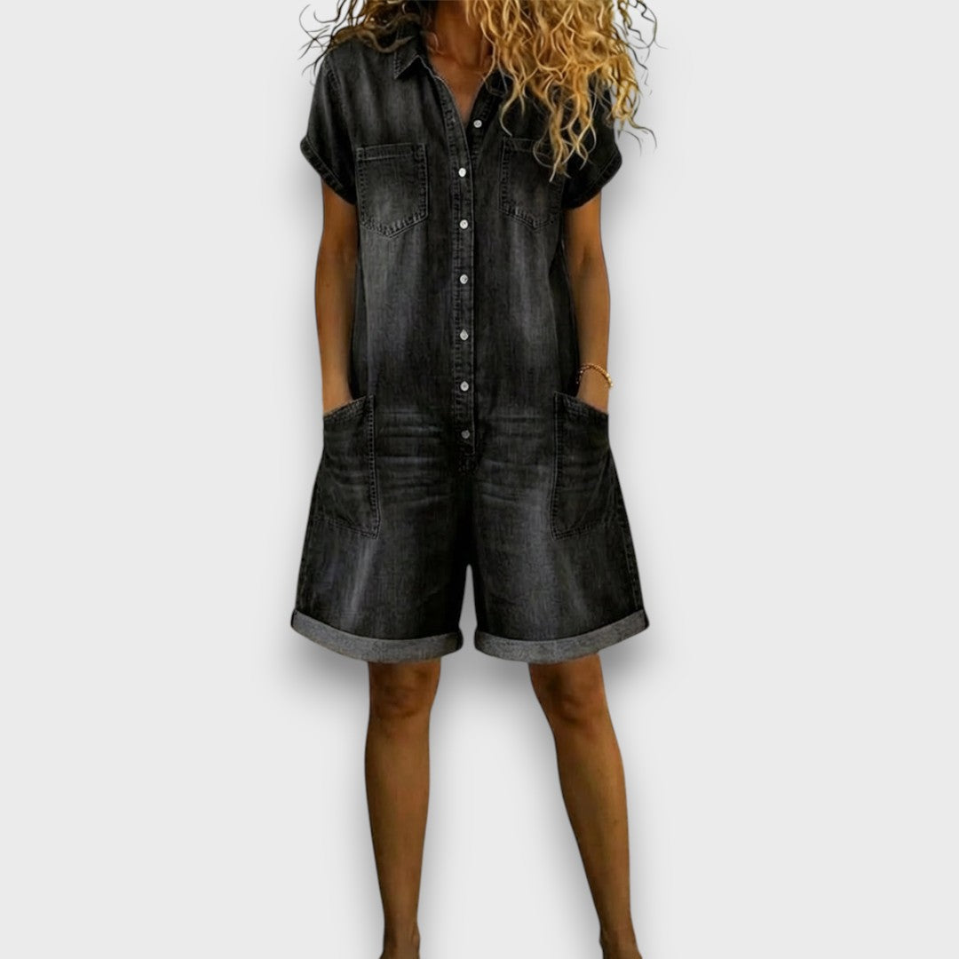 Saylor - Vintage short Cotton Denim-Look Overalls-3