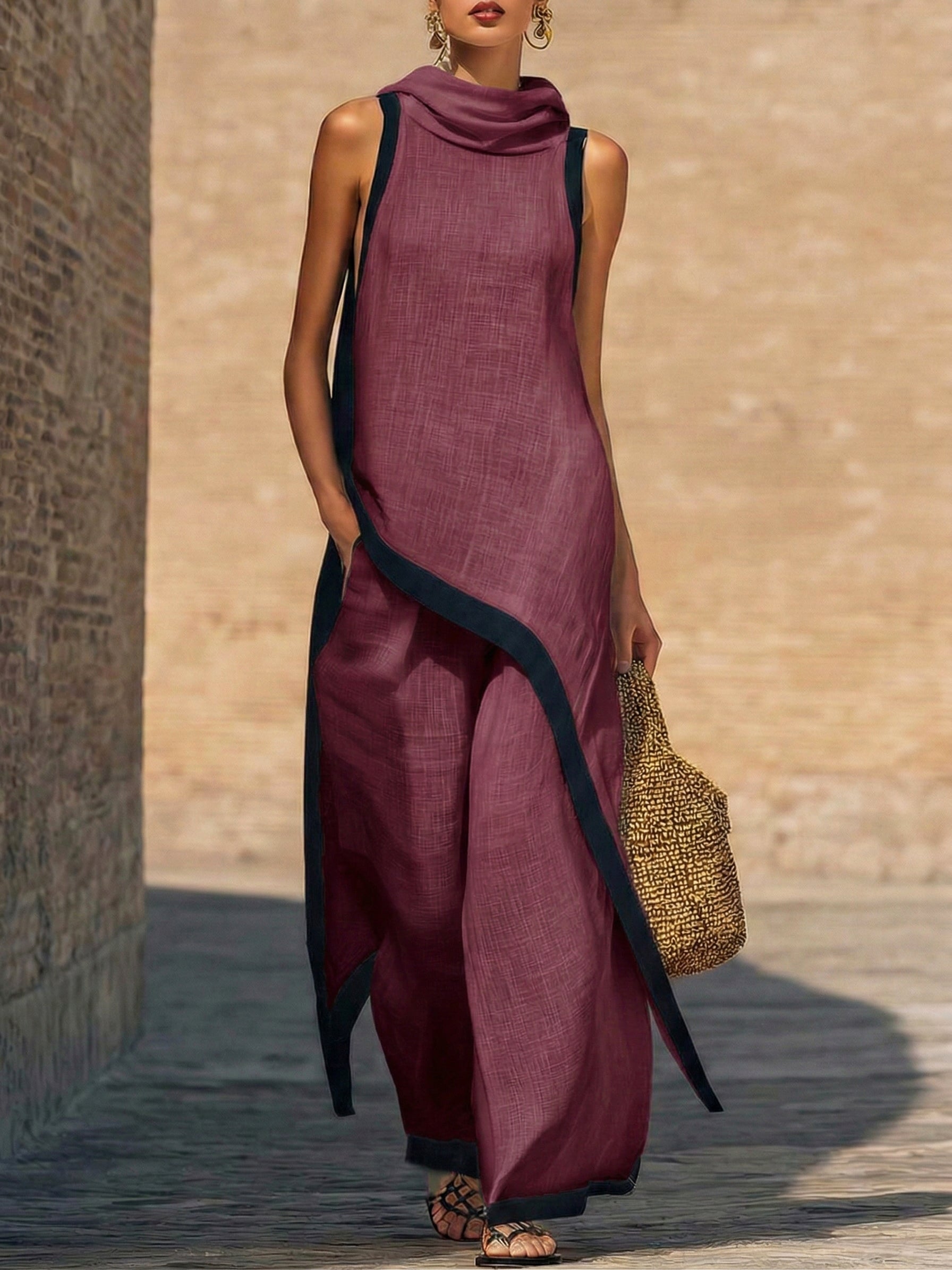 Elegant two-piece linen cotton set with artistic cut-9