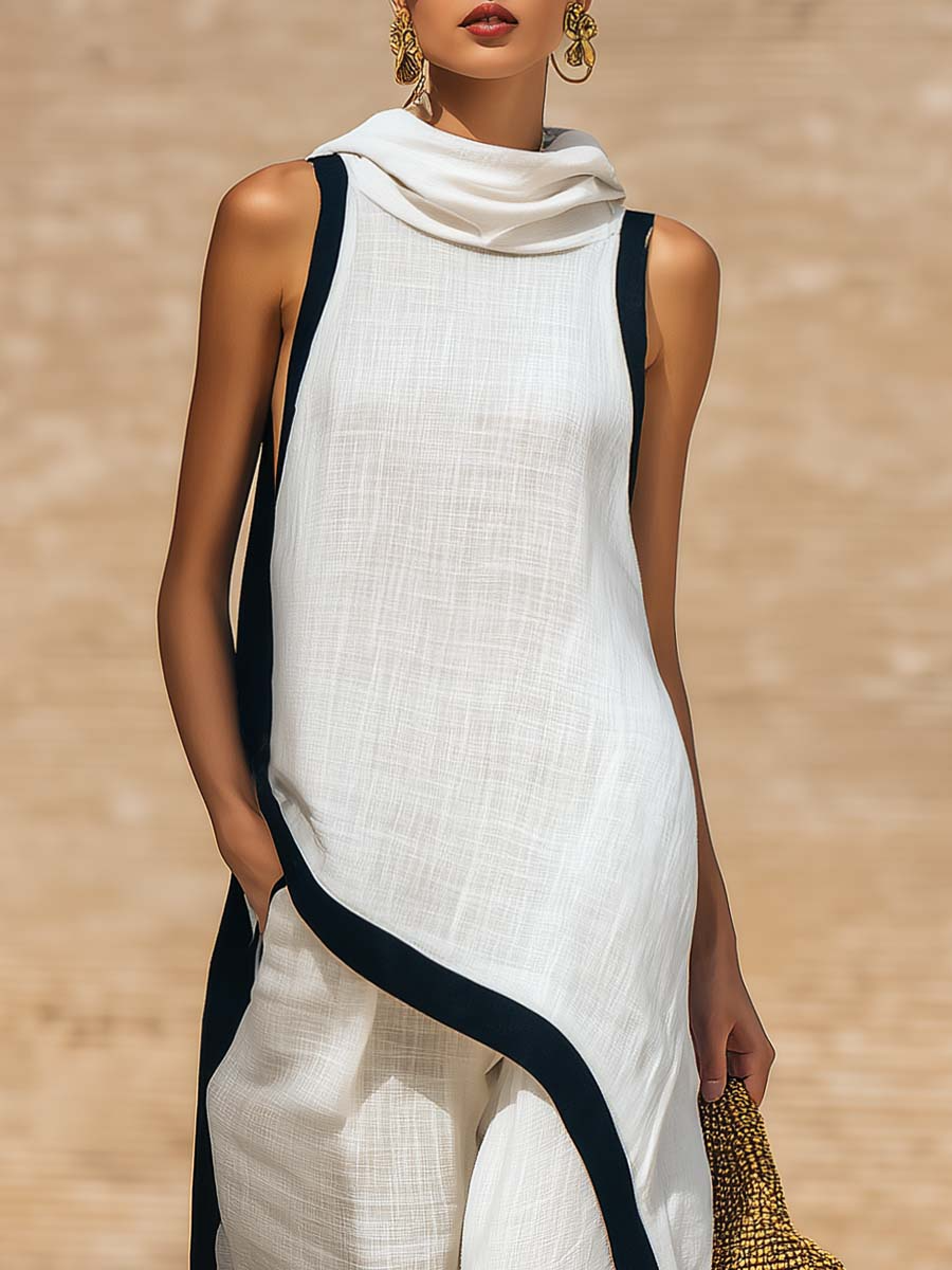 Elegant two-piece linen cotton set with artistic cut-4