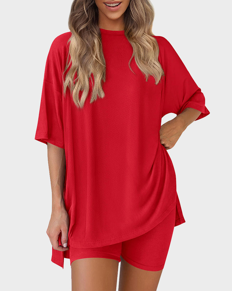 Summer Casual Crewneck Split-Hem Lounge Set with Pockets-13