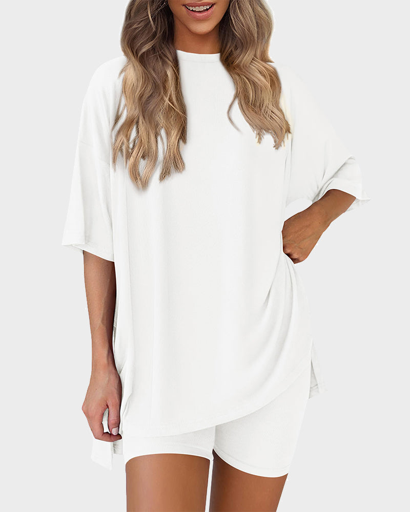 Summer Casual Crewneck Split-Hem Lounge Set with Pockets-14